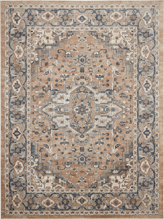 Beige oriental rug with a central medallion, ivory floral motifs, and a blue-gray ornate border.