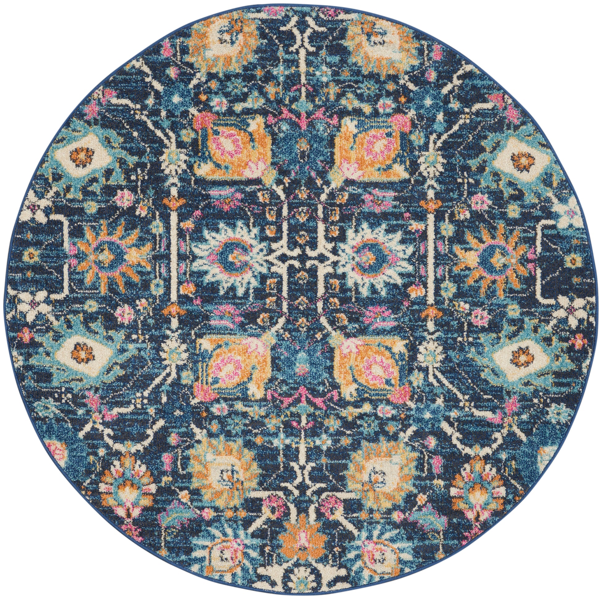 Round oriental-style rug with dark blue base and vibrant teal, orange, pink, and yellow floral medallions.