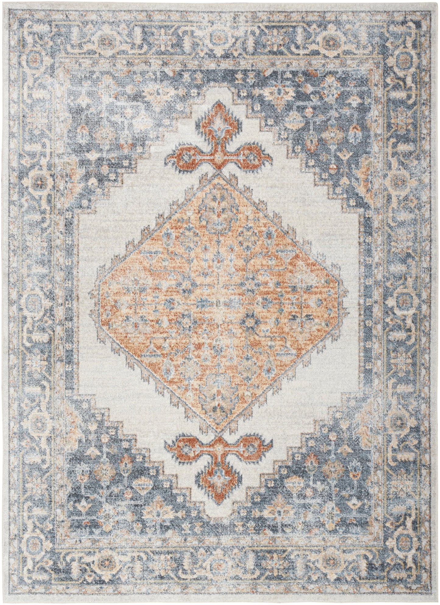 Oriental-style area rug with a peach diamond medallion, blue-gray border, cream field and vintage floral motifs.