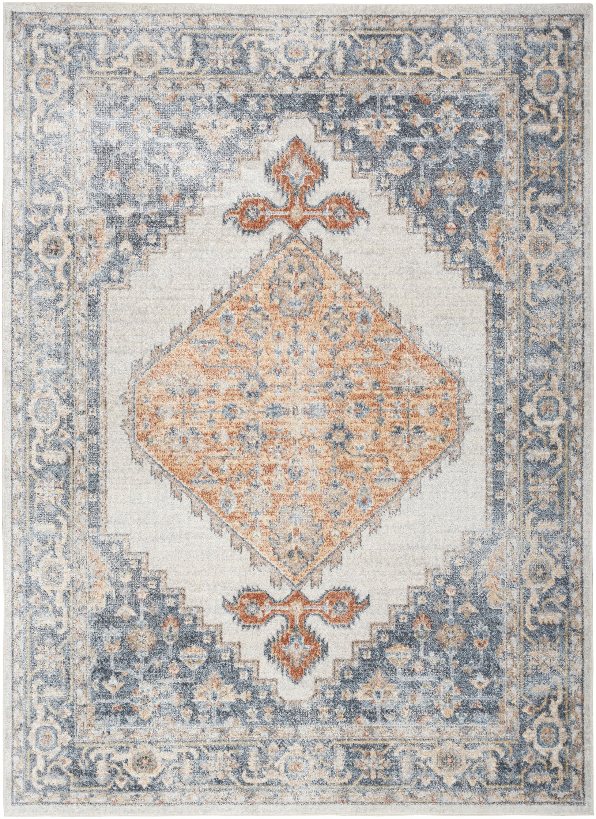 Oriental-style area rug with a peach diamond medallion, blue-gray border, cream field and vintage floral motifs.