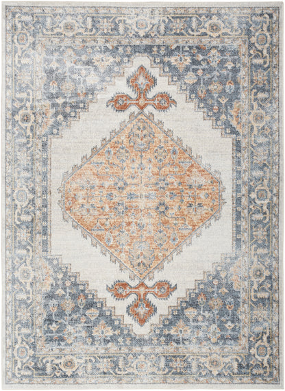 Oriental-style area rug with a peach diamond medallion, blue-gray border, cream field and vintage floral motifs.