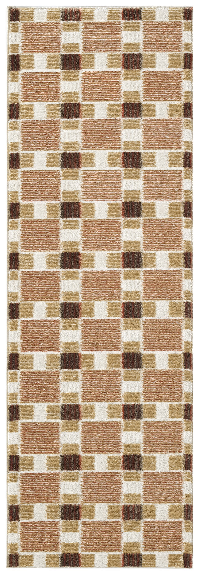 Rectangular runner rug with peach checkerboard squares, tan blocks and ivory gaps in warm tones.