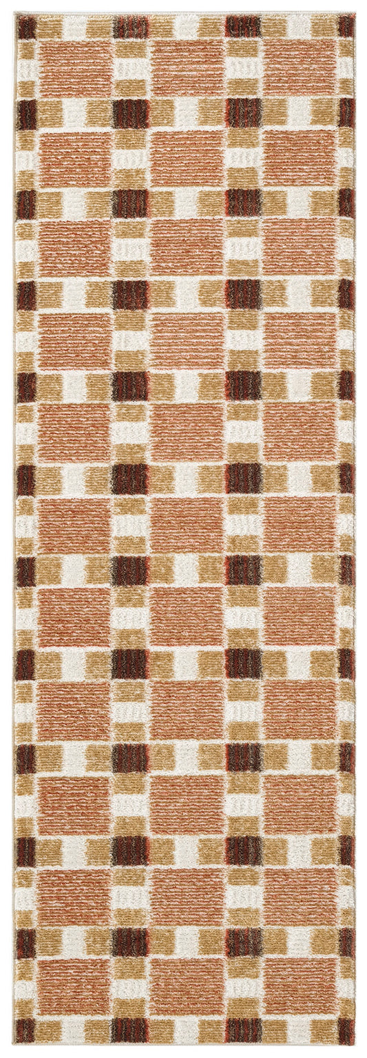 Rectangular runner rug with peach checkerboard squares, tan blocks and ivory gaps in warm tones.