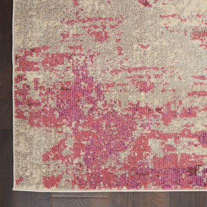 Abstract pink & magenta splotches on beige base; modern distressed rug for living rooms.