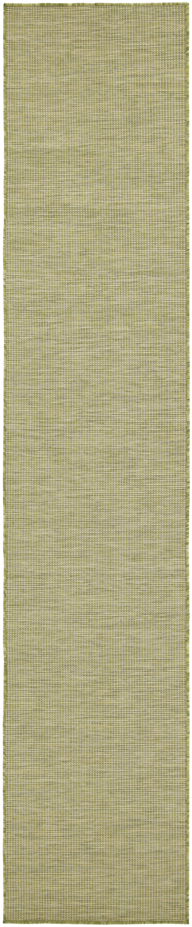 Olive-green flat-weave rug runner with a subtle grid pattern and darker edge border, 8' long.