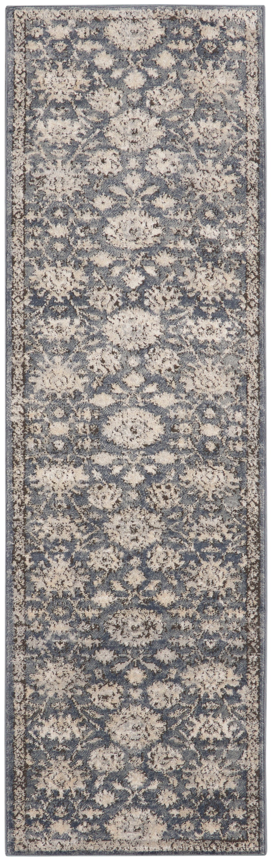Blue-gray oriental runner rug with ivory floral medallions and a decorative border; long narrow hallway rug.