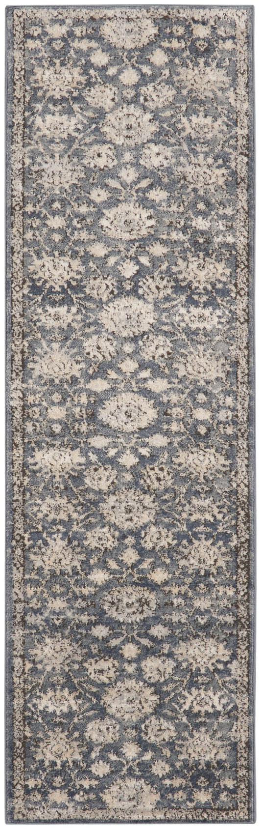 Blue-gray oriental runner rug with ivory floral medallions and a decorative border; long narrow hallway rug.