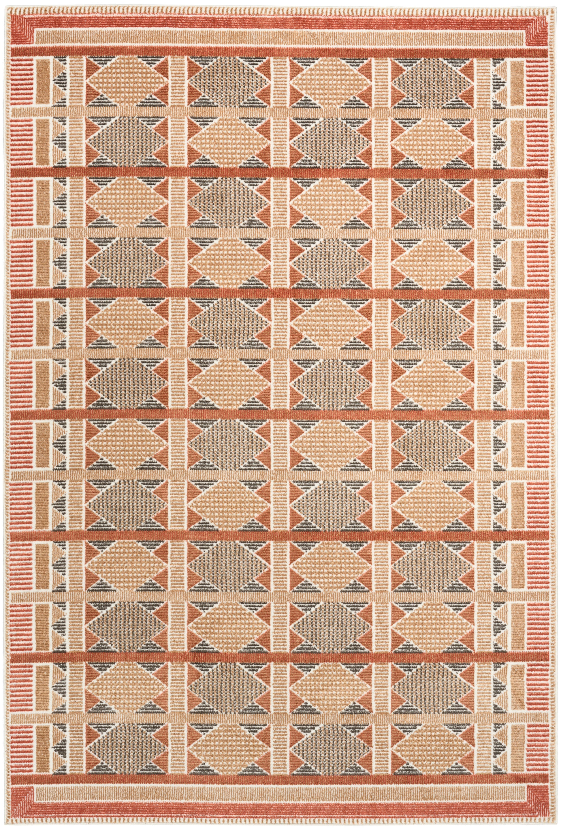 Flatweave kilim rug featuring orange, cream and gray diamond motifs with a striped border; geometric, warm-toned home decor.