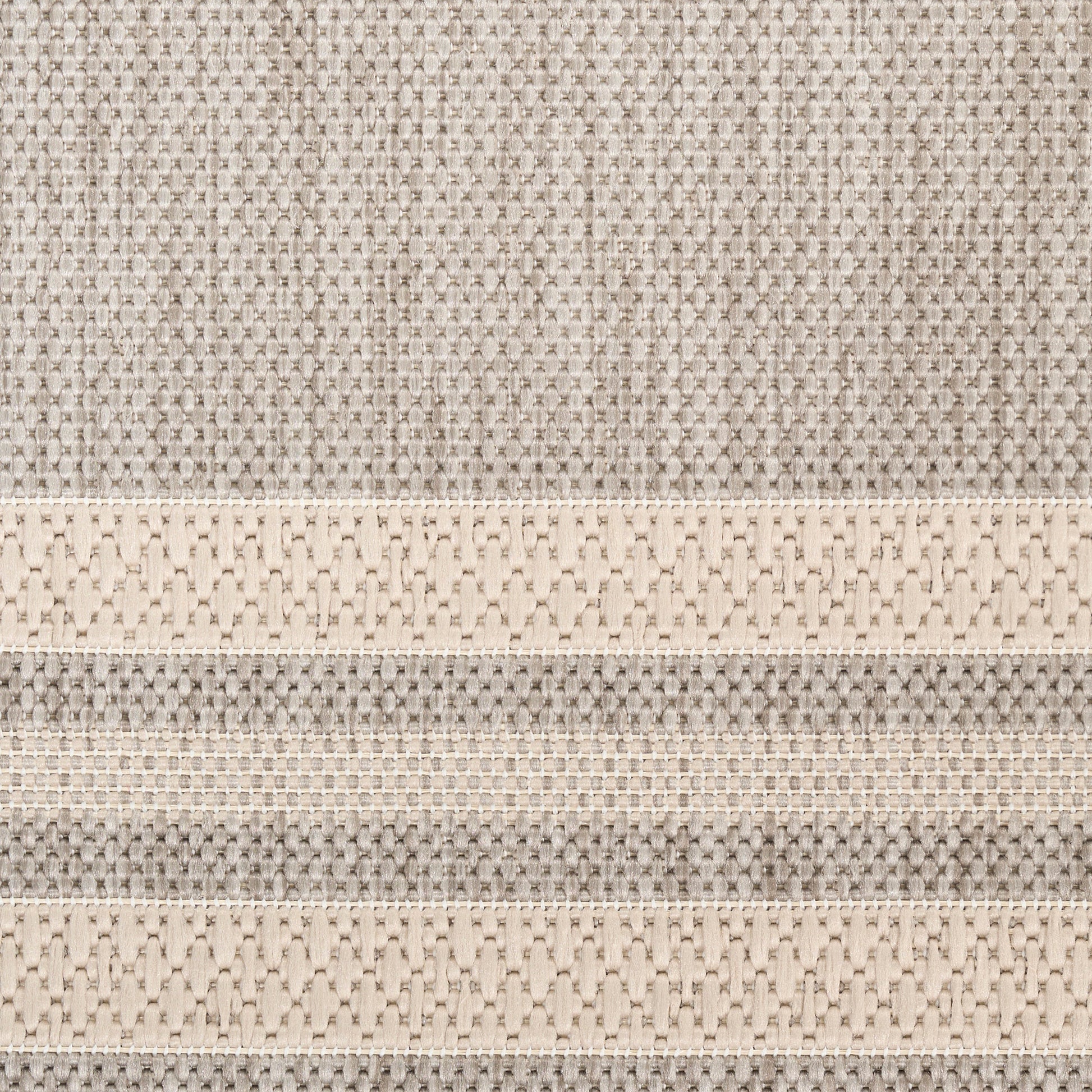 Beige cream knitted fabric with alternating openwork and solid stripes, decorative crochet-like texture, soft and versatile.
