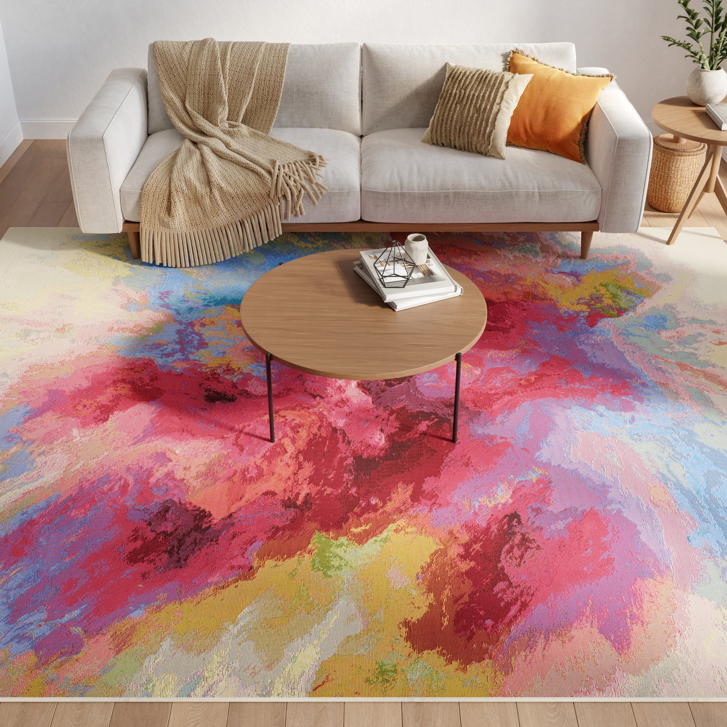 Abstract multicolor flatweave rug, indoor/outdoor, 8' x 10', ivory, blue, red, orange and green; modern contemporary area rug with easy-care polypropylene/polyester blend for living room, porch or patio decor
