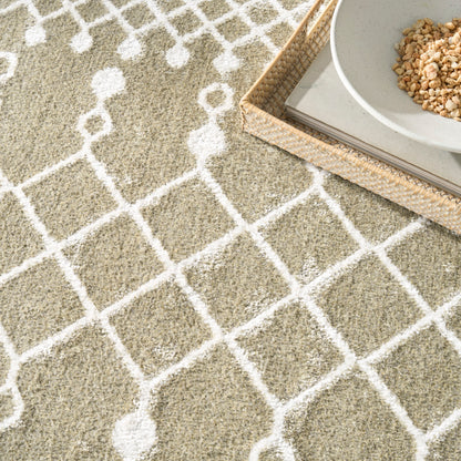 Beige shag rug with white lattice pattern; woven tray holding magazines and a ceramic bowl with granola.