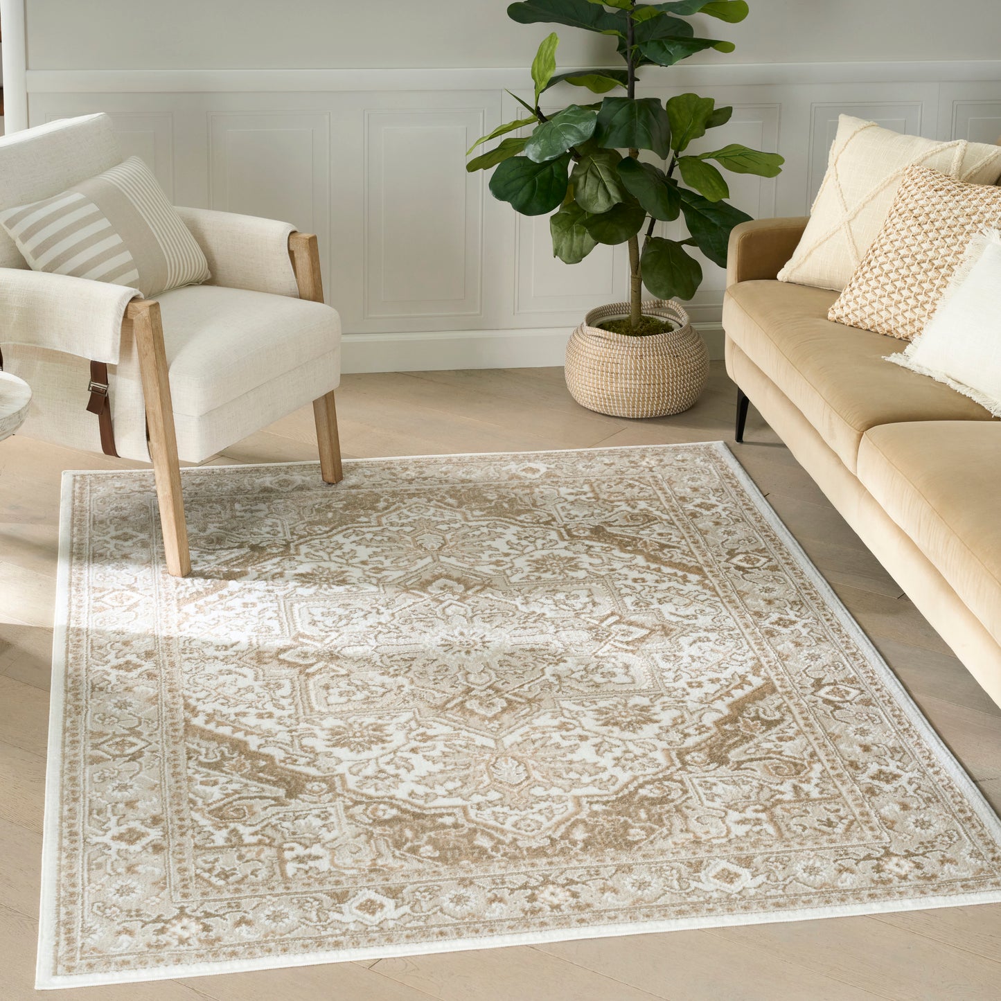 Beige patterned area rug with floral medallions over light wood floor, cream sofa, armchair, and potted plant.