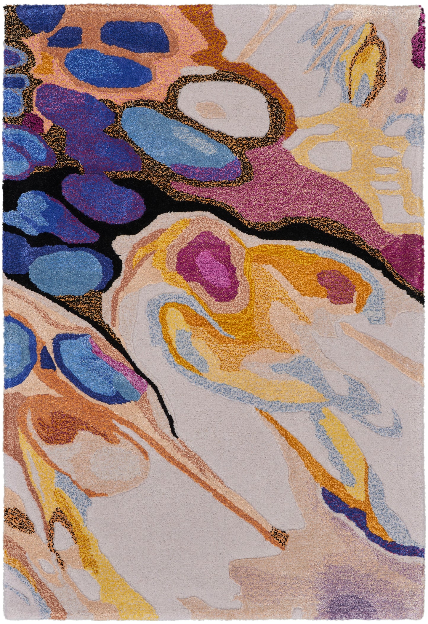 Abstract multicolor area rug with blue, purple, orange, pink shapes on a light beige background; modern art-inspired design.