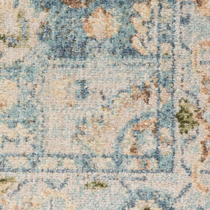 Soft blue and beige Persian-style rug with floral medallions and distressed finish for cozy living spaces.