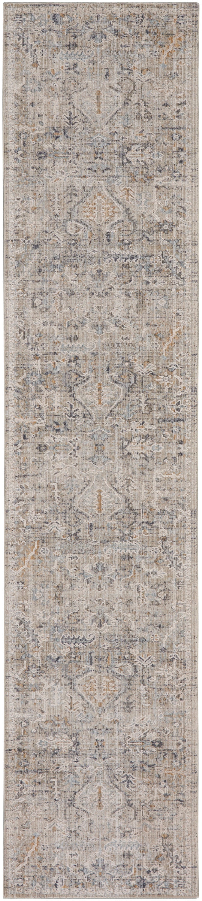 Long distressed oriental runner rug with intricate medallion motifs in beige, ivory, gray, with pale blue & rust accents.
