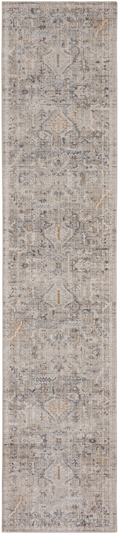 Long distressed oriental runner rug with intricate medallion motifs in beige, ivory, gray, with pale blue & rust accents.