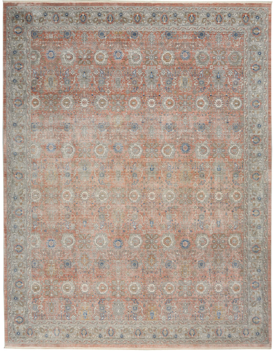 Cozy traditional oriental rug with peach field, blue and ivory floral medallions, and pale gray border.