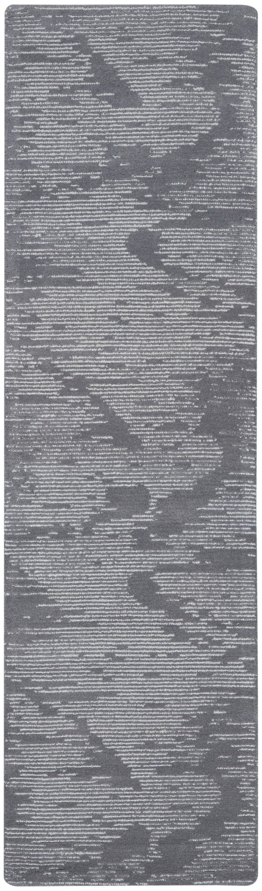 Gray rectangular rug runner with rounded corners and light irregular linear pattern.