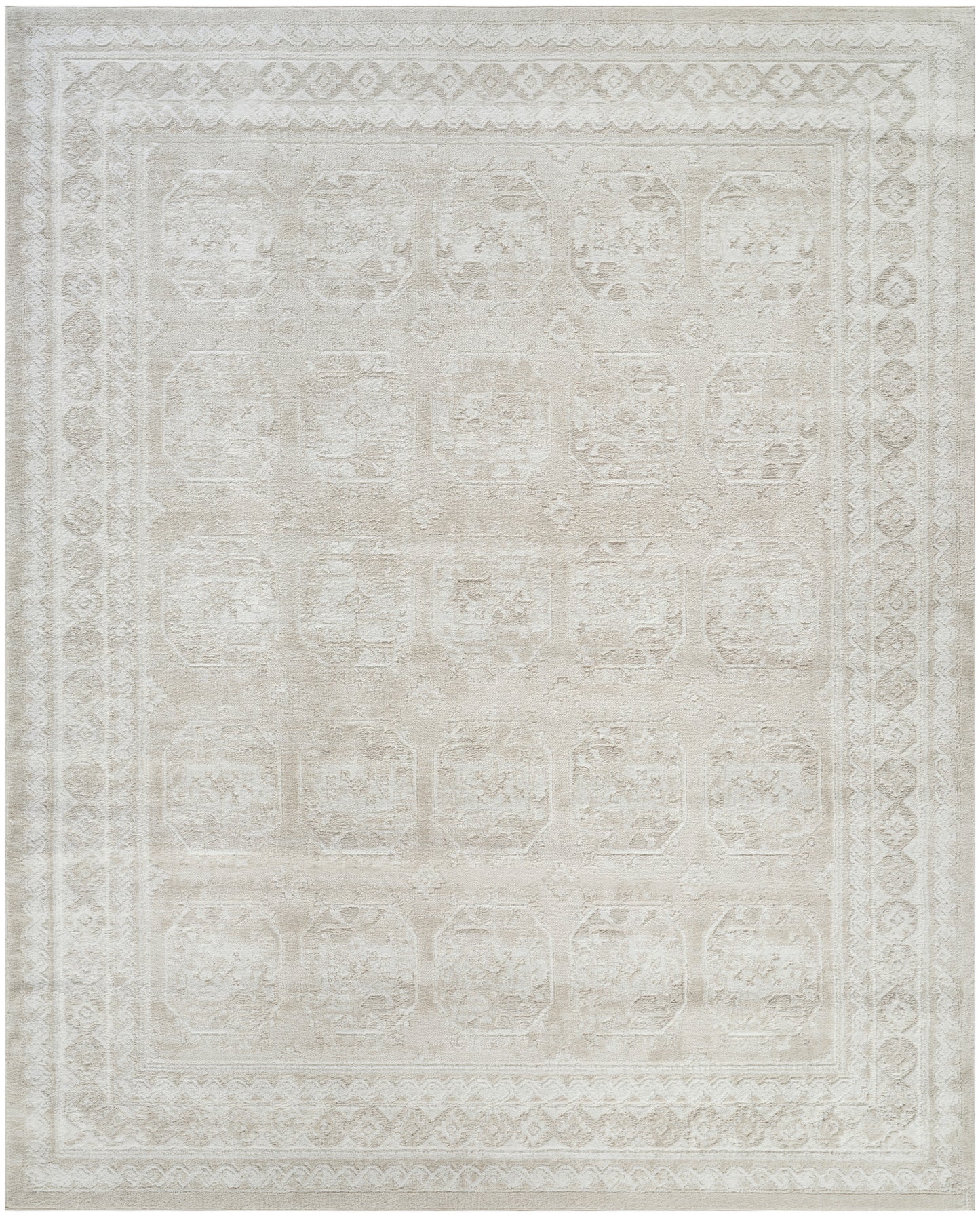 Cream distressed Persian-style area rug with pale ivory geometric medallions and ornate border, rectangular.