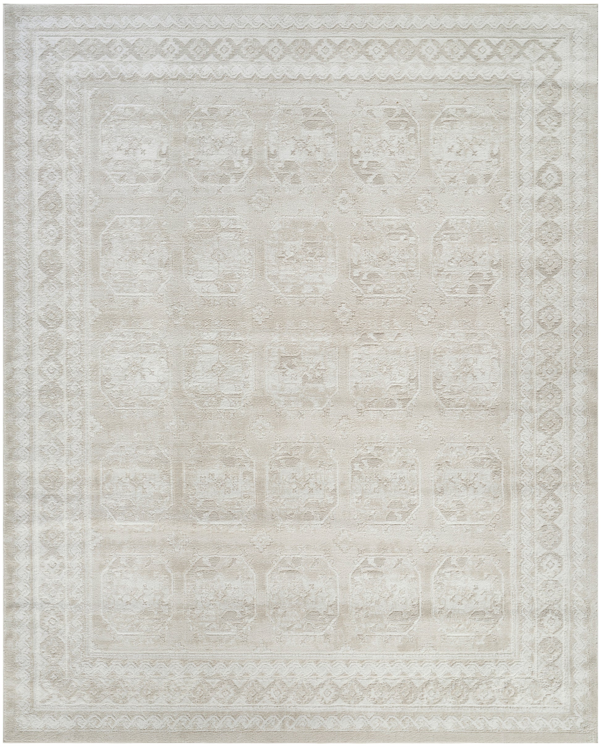 Cream distressed Persian-style area rug with pale ivory geometric medallions and ornate border, rectangular.