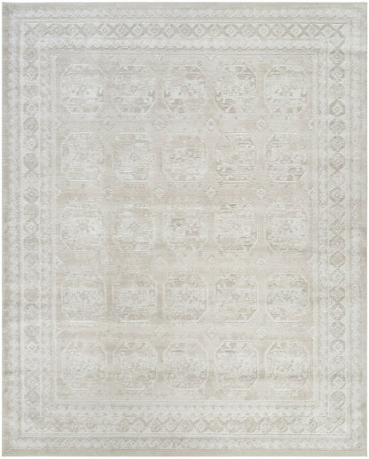 Cream distressed Persian-style area rug with pale ivory geometric medallions and ornate border, rectangular.