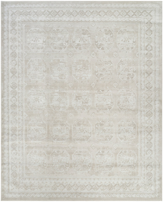 Cream distressed Persian-style area rug with pale ivory geometric medallions and ornate border, rectangular.