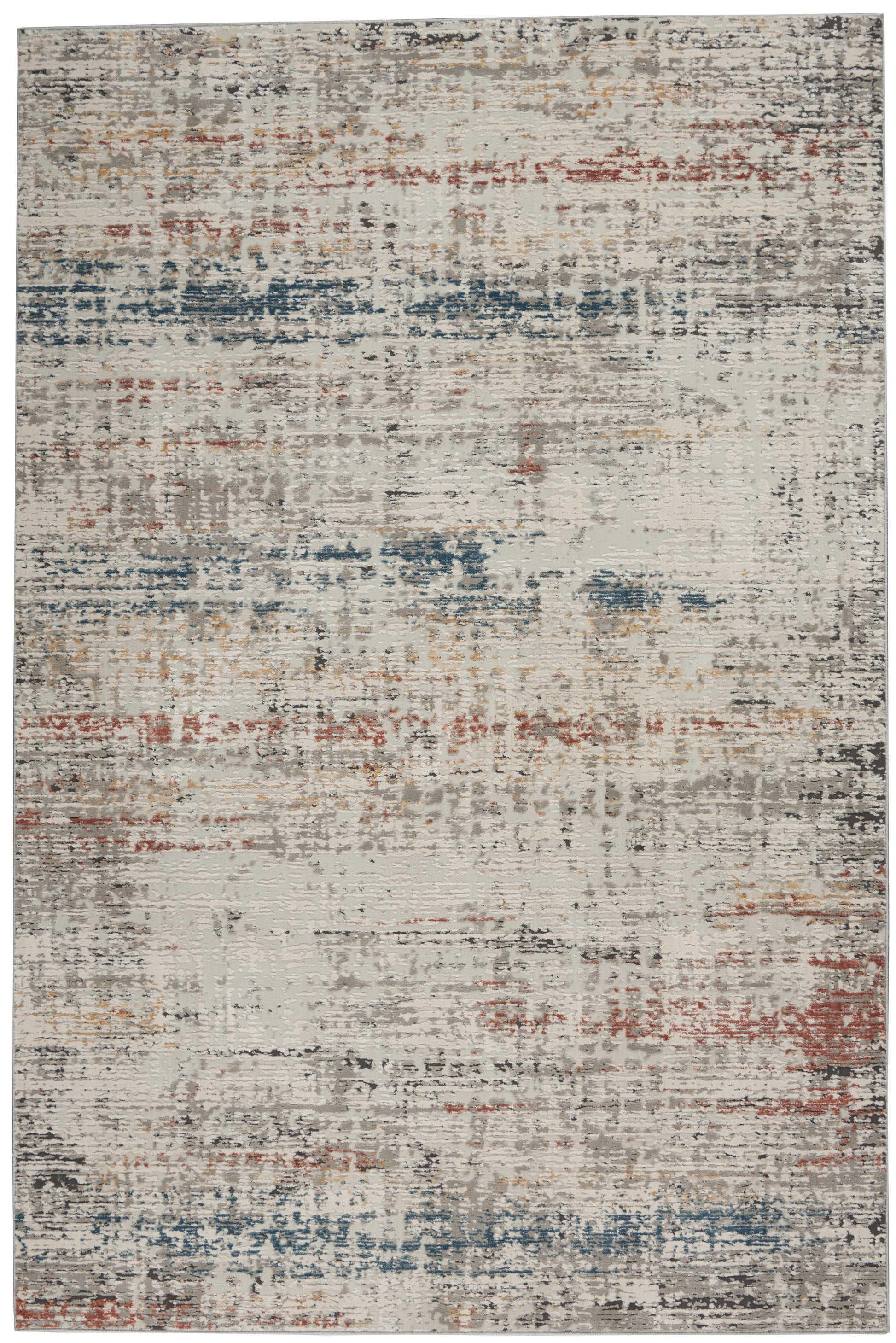 Rectangular abstract distressed area rug in cream with blue, rust, gray & tan accents; modern, woven texture.