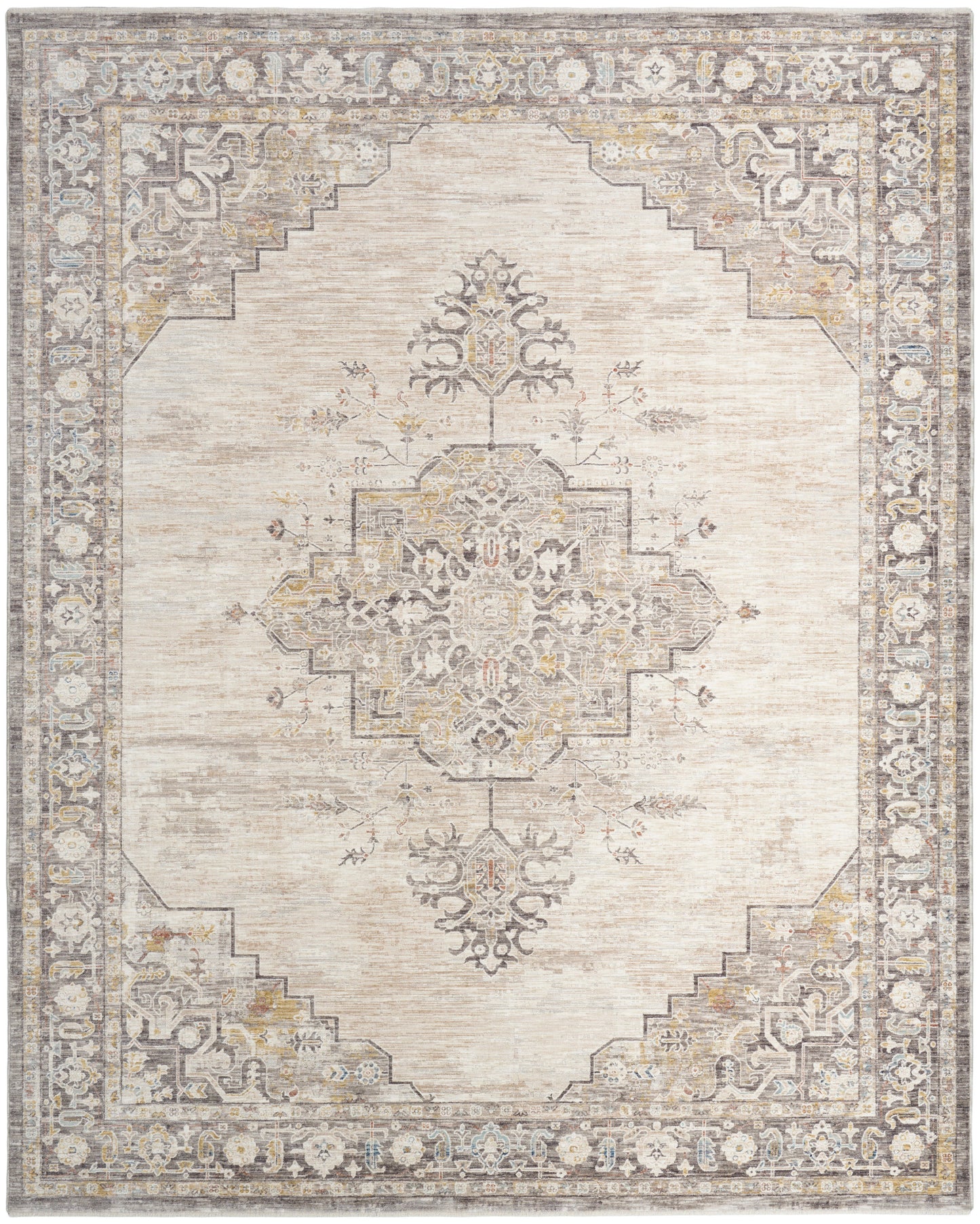 Cream-beige oriental rug (8' x 10') with central medallion, stepped corners, muted gray-gold border, distressed vintage look.