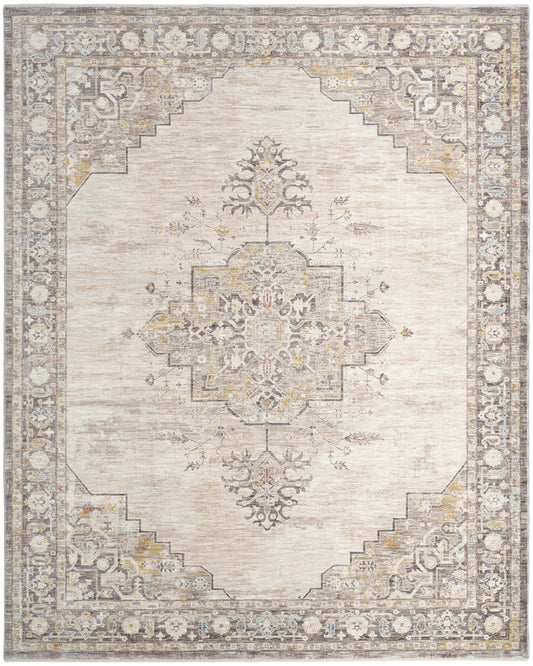 Cream-beige oriental rug (8' x 10') with central medallion, stepped corners, muted gray-gold border, distressed vintage look.