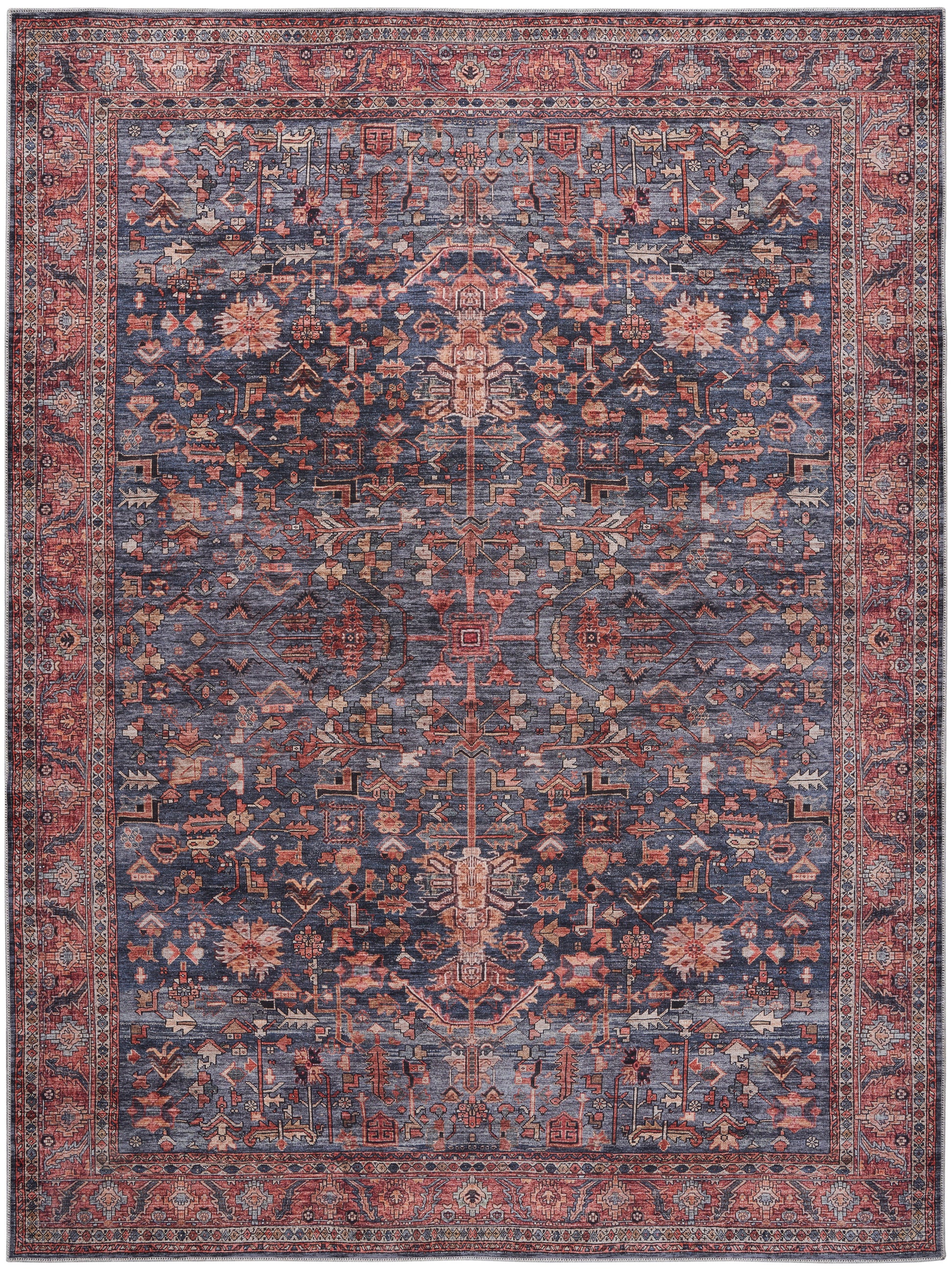 Persian-style rug with deep blue central field, intricate red and ivory floral motifs, and a decorative red border.