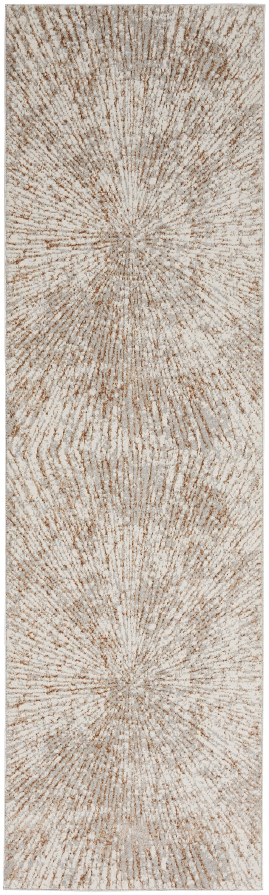 Soft beige runner rug with tan radial sunburst motifs and plush pile for modern neutral spaces