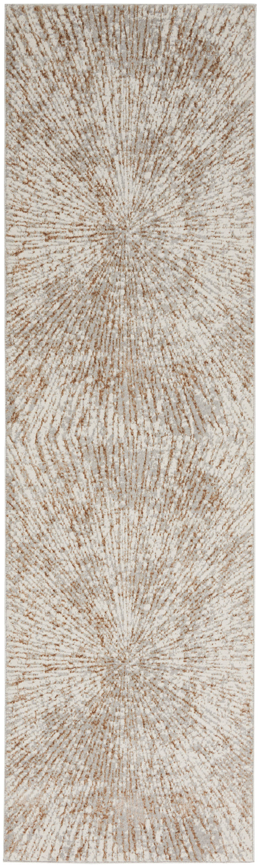 Soft beige runner rug with tan radial sunburst motifs and plush pile for modern neutral spaces