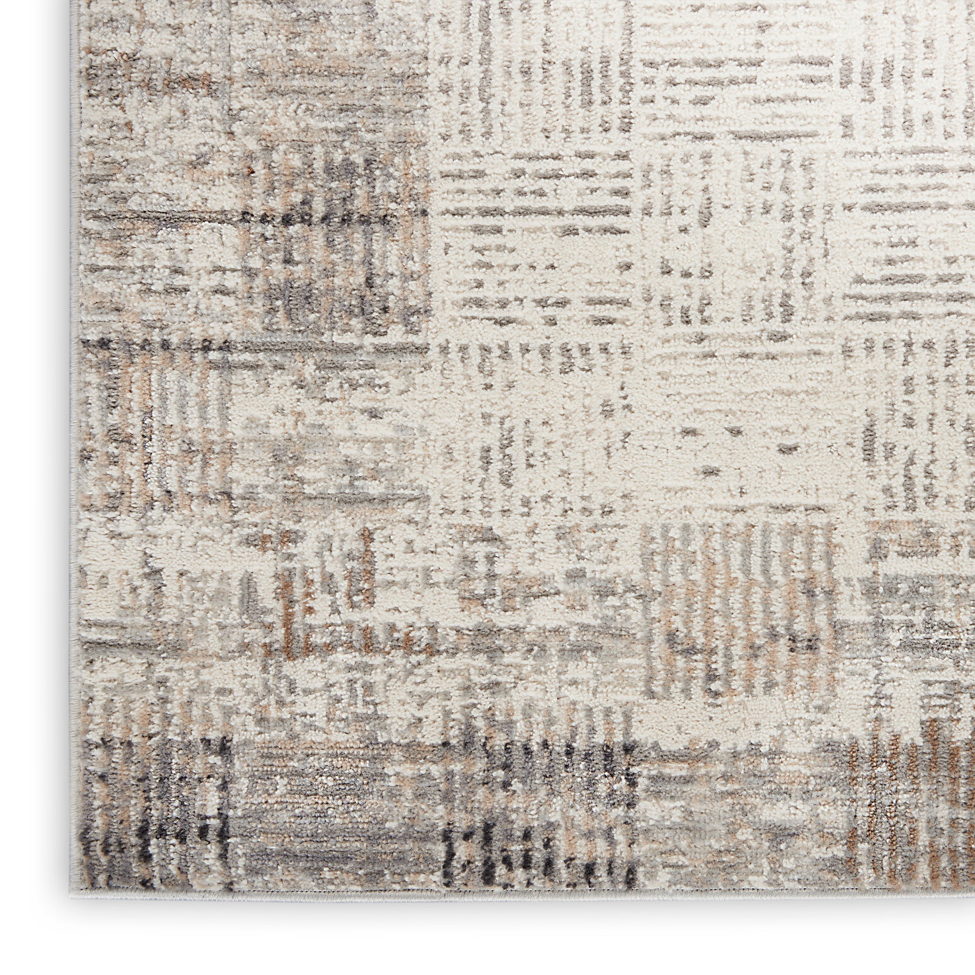 Neutral abstract plaid area rug in beige, taupe & gray with a distressed patchwork pattern; soft-pile, modern decor.