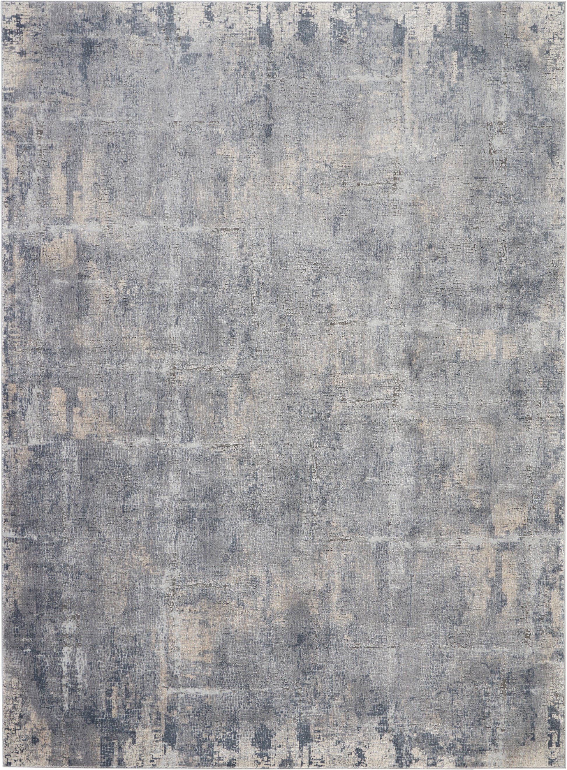 Blue-gray distressed abstract rug with beige patches; modern, worn-texture pattern for living spaces.