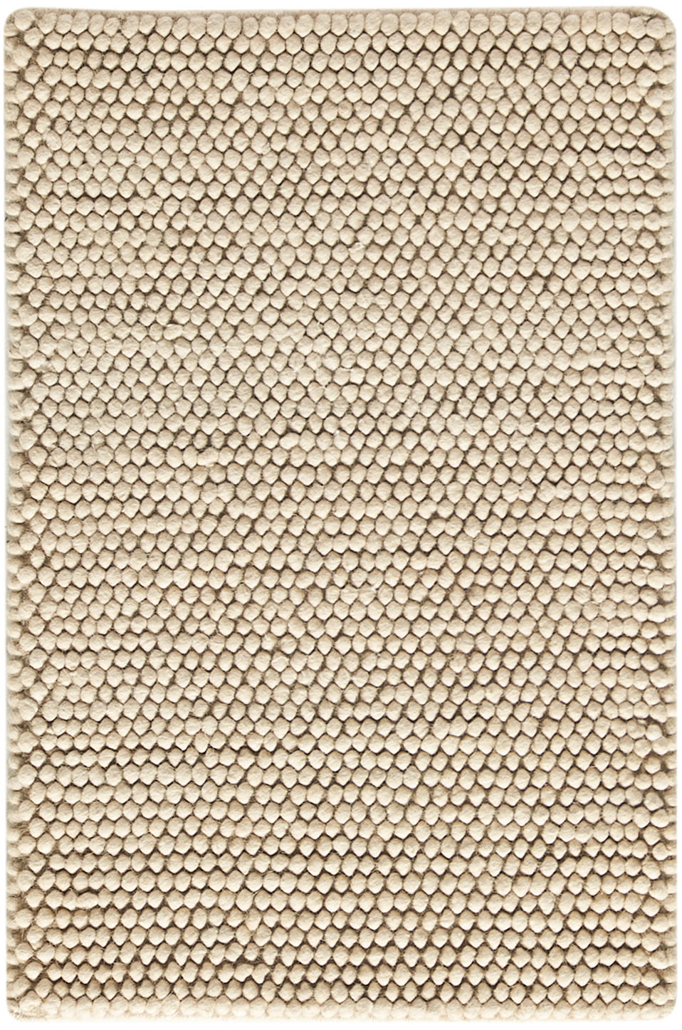Beige loop-pile bath mat; rectangular, soft textured rug for bathroom.