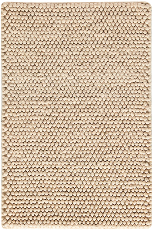 Beige loop-pile bath mat; rectangular, soft textured rug for bathroom.