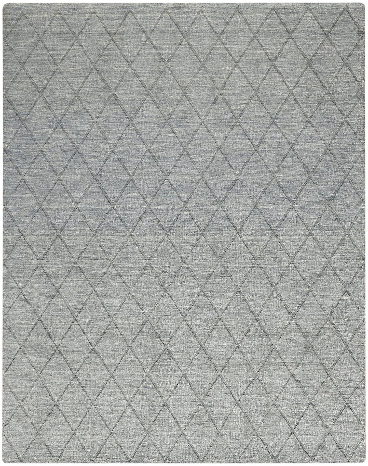 Gray area rug with a subtle diamond lattice pattern, soft woven texture, rectangular 8' x 10' size, modern decor.