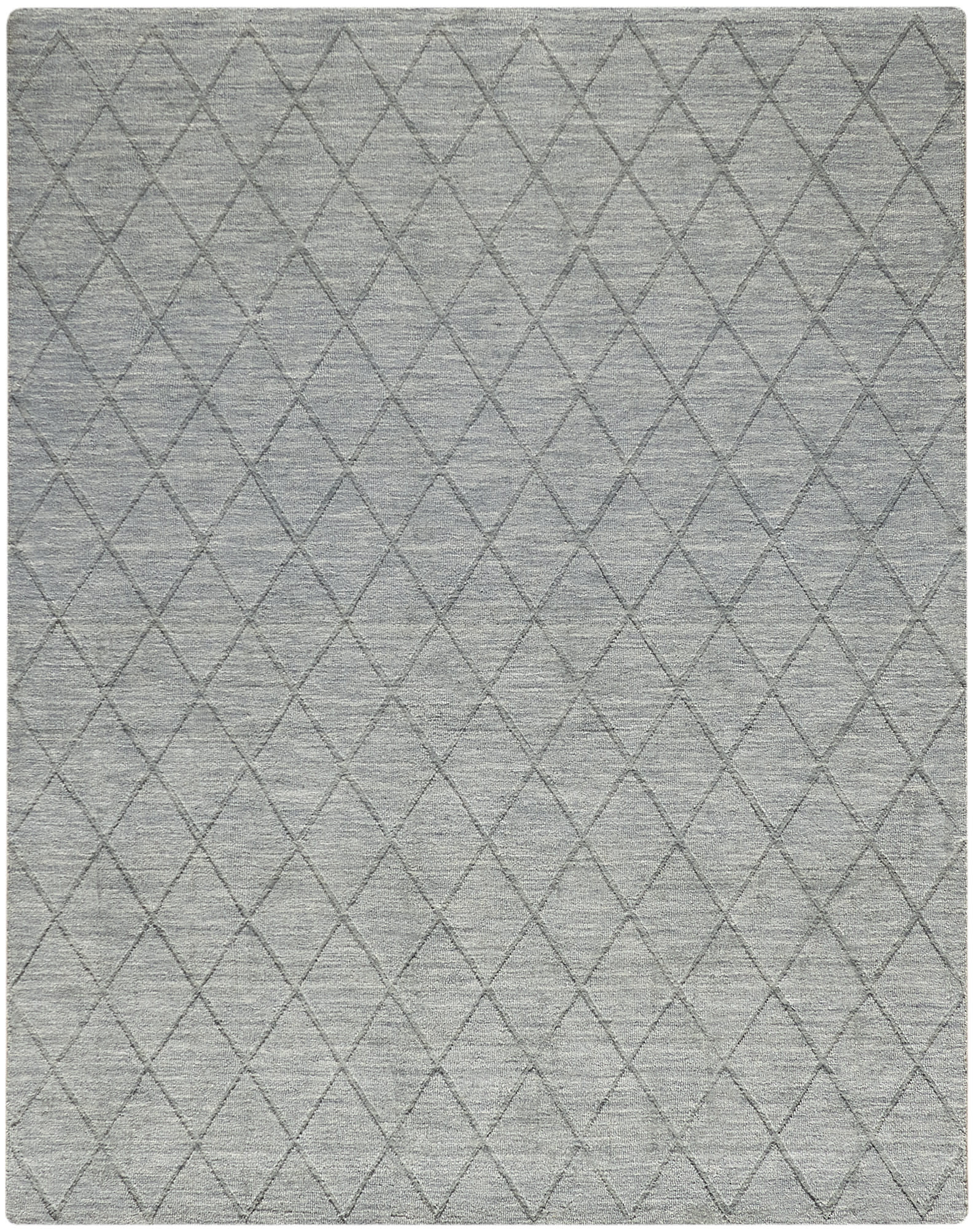 Gray area rug with a subtle diamond lattice pattern, soft woven texture, rectangular 8' x 10' size, modern decor.
