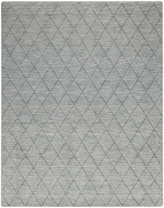 Gray area rug with a subtle diamond lattice pattern, soft woven texture, rectangular 8' x 10' size, modern decor.