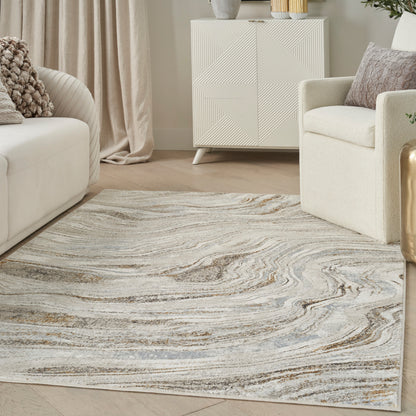 Neutral swirl-pattern area rug in gray, beige and taupe; soft pile in a contemporary living room with cream sofa.