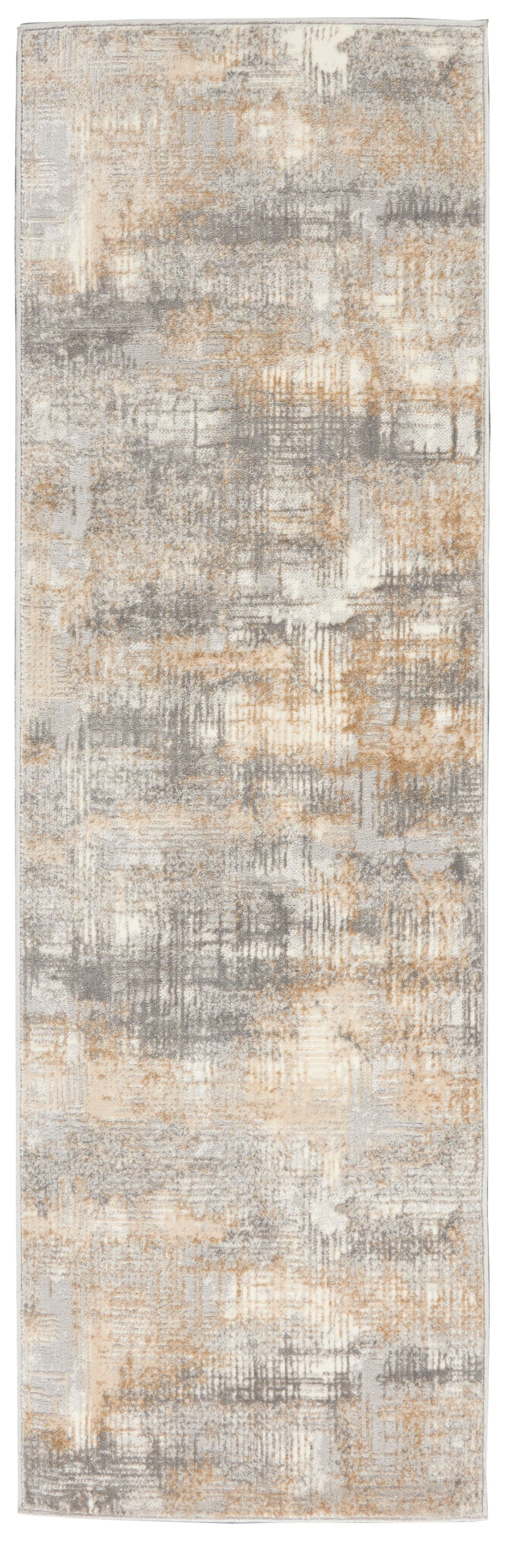 Abstract beige-gray distressed rug with tan accents; rectangular runner for modern spaces.