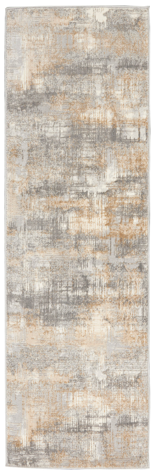 Abstract beige-gray distressed rug with tan accents; rectangular runner for modern spaces.