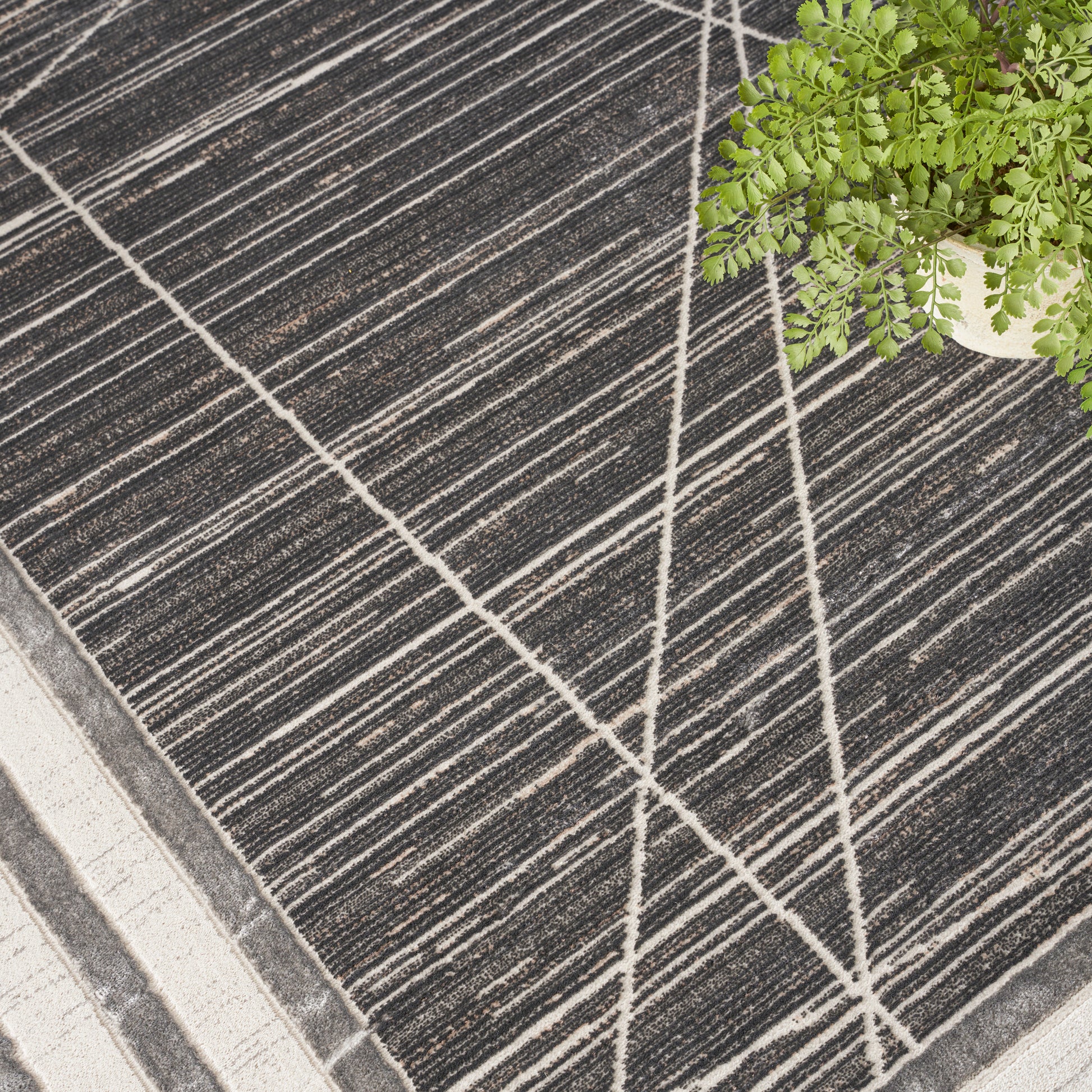 Charcoal rug with cream linear lines forming a geometric pattern; modern flatweave beside a potted fern.
