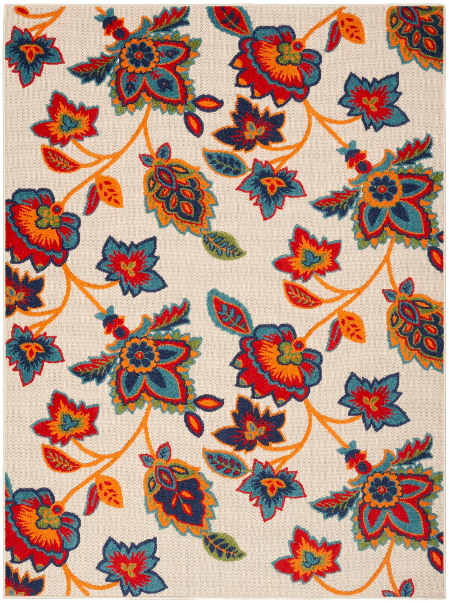 Colorful floral-patterned rug with orange stems, teal and red flowers, yellow accents on cream background.
