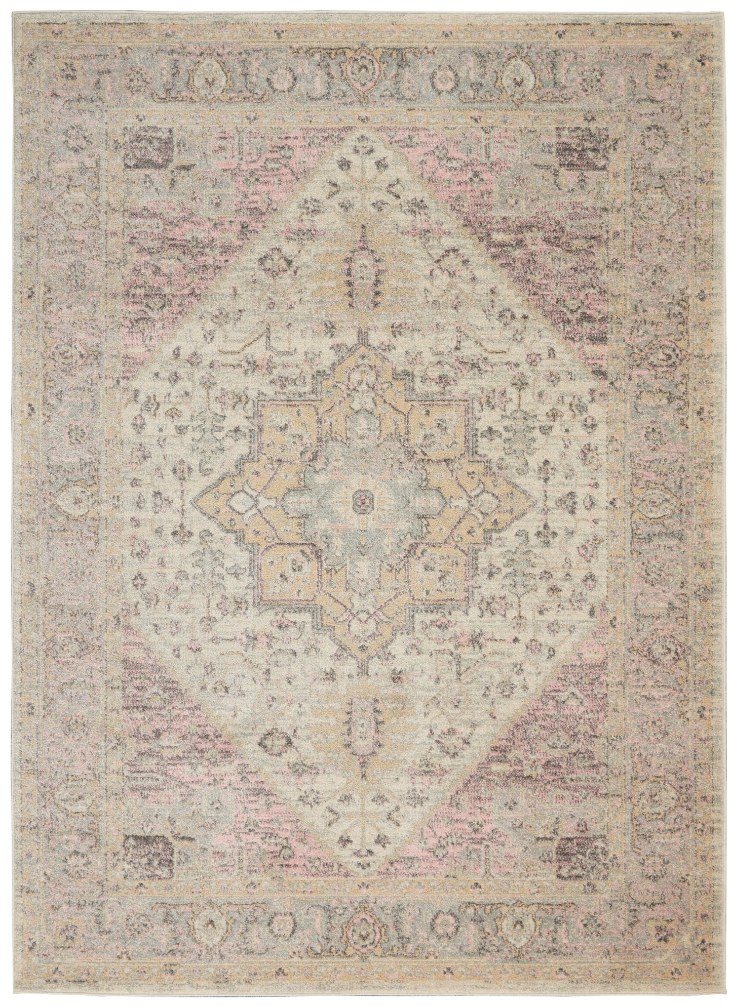 Pastel oriental rug with central diamond medallion, ivory border, pale pink and blue accents, distressed vintage look.
