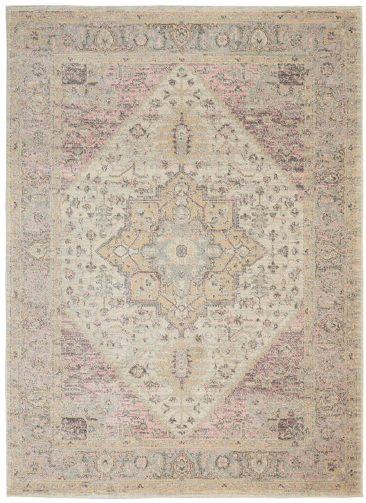 Pastel oriental rug with central diamond medallion, ivory border, pale pink and blue accents, distressed vintage look.