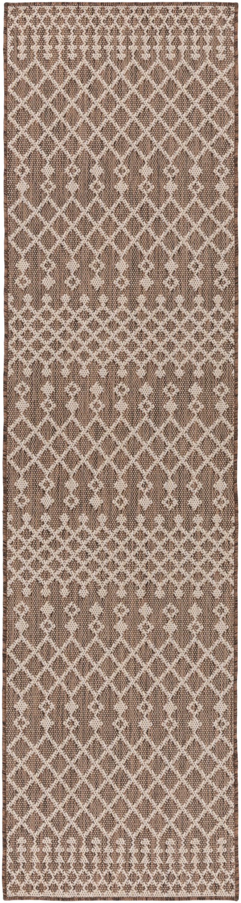 Brown and beige lattice-pattern runner rug with diamond motifs and border; woven texture, long rectangular for hallways.