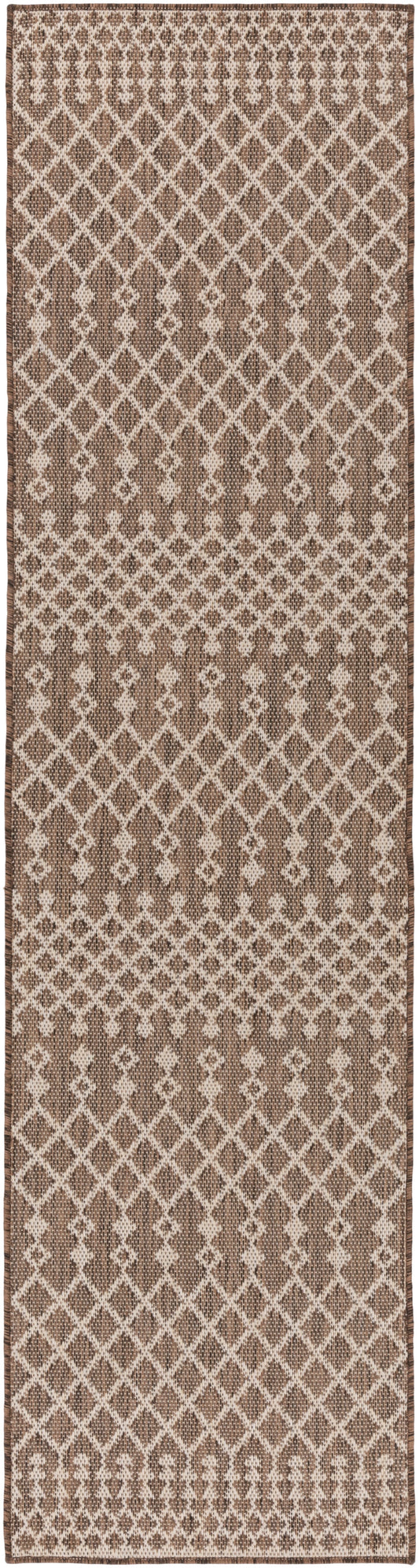 Brown and beige lattice-pattern runner rug with diamond motifs and border; woven texture, long rectangular for hallways.