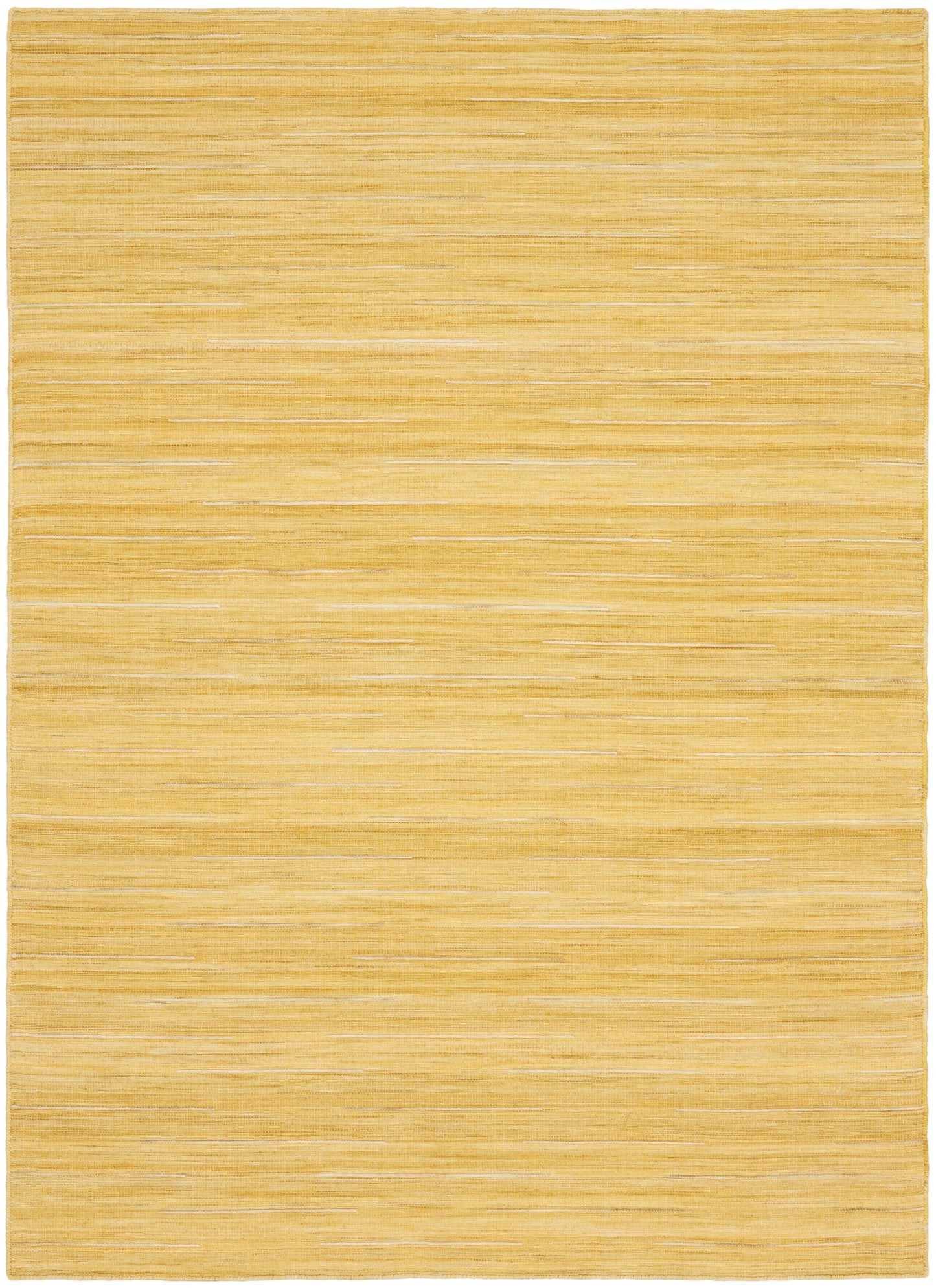 Golden yellow woven rug with subtle horizontal stripes, 5' x 7'.