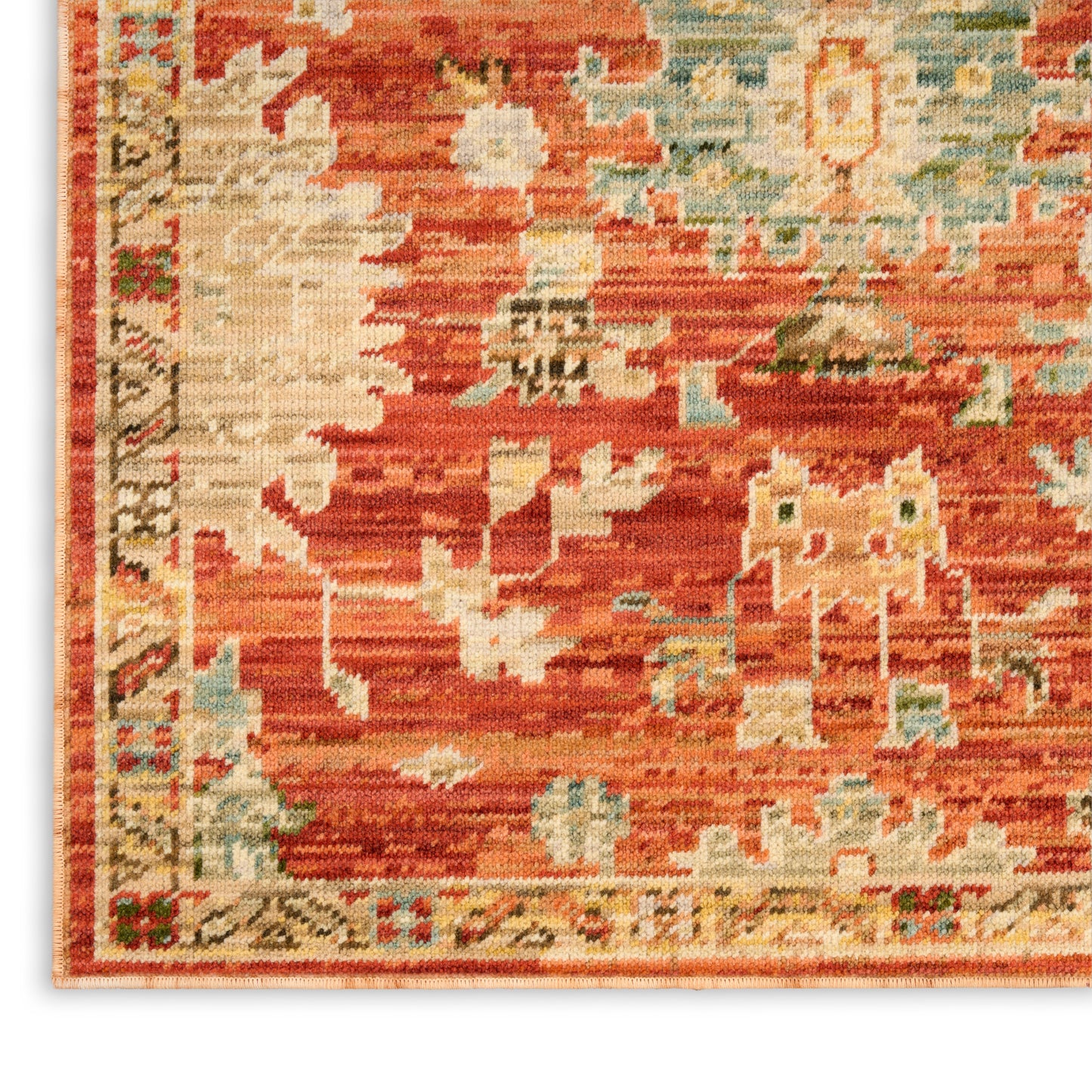 Rectangular red oriental runner with cream border and geometric ivory, blue, and green motifs; wool Kilim style.